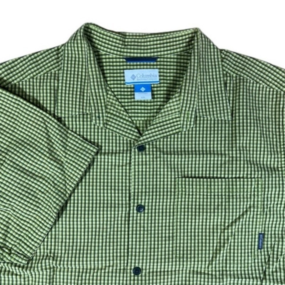 Columbia Button‎ Up Shirt Mens XXL Green Plaid Gorpcore Hiking Camp Short Sleeve